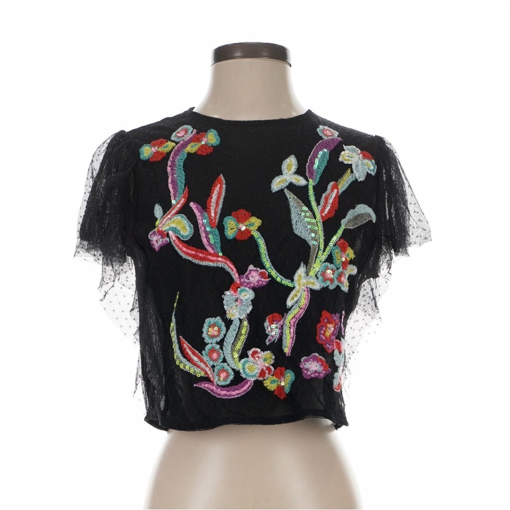 Guess Black Embroidered Floral Crop Top
